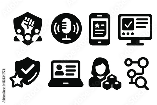 Decentralized Media Icons. Solid style icons of decentralized media DAOs: community-run news badge, podcast DAO icon, article