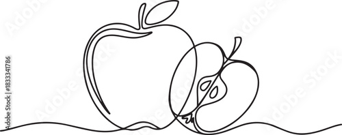 Single one line drawing whole and slice healthy organic apple for orchard logo identity. Fresh delicious fruitage concept for fruit garden icon. one line Icon drawing