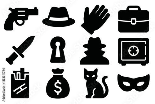 Crime Icon Set. Solid style icons of Crime Streets: Revolver, Fedora Hat, Gloved Hand, Briefcase, Dagger, Keyhole, Shadow, Safe,
