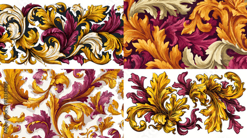 Luxurious baroque floral elements illustrated with rich swirling leaves in gold, burgundy, and ivory tones, perfect for classical decoration, textile design, and ornamental artwork.