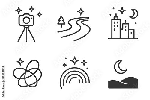 Night Photography Icons. Line style icons of low-light and night photography: tripod under stars, long exposure trail, night city