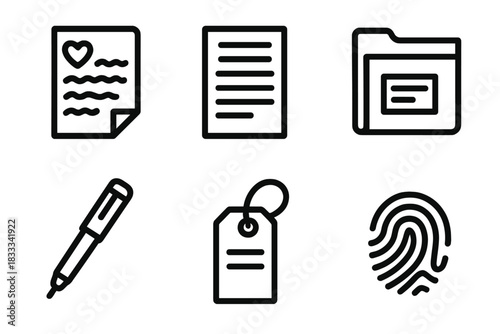 Time Capsule Icons. Line style icons of Time Capsule Curation: handwritten diary page, printed essay, preservation folder,