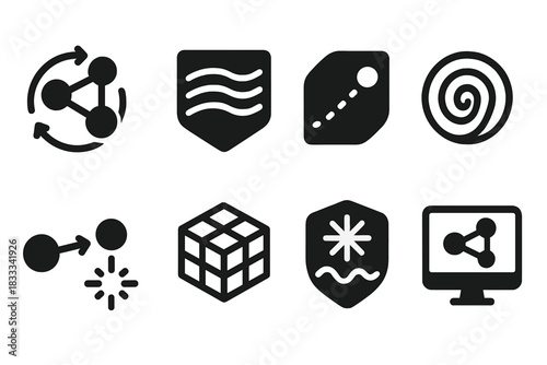 Scientific Simulation Icons. Solid style icons of scientific simulations: molecule spin icon, fluid dynamics badge, particle trail