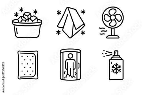 Therapy Cooling Methods. Line style icons of cooling methods in therapy: ice bath, frozen towel, gel pack, wind fan cooling, cryo