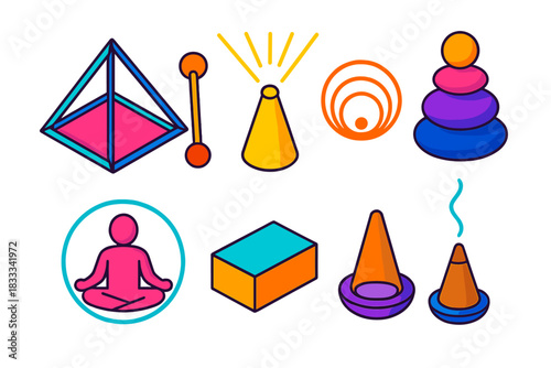 Sound Therapy Icons. Isometric vector illustration set Sound therapy – crystal singing pyramid, small striker, holding ring; light