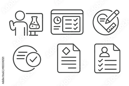 Virtual Lab Icons. Line style icons of lesson plans with virtual labs: educator assigning lab, lesson schedule screen, curriculum