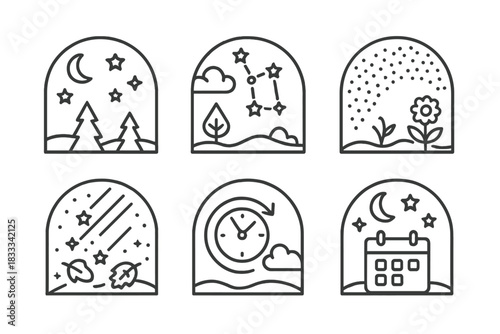 Seasonal Stargazing Icons. Line style icons of seasonal stargazing changes: winter clear sky, spring constellation shift, summer