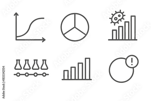 Fermentation Data Icons. Line style icons of data visualization in fermentation: growth curve chart, ingredient breakdown pie,