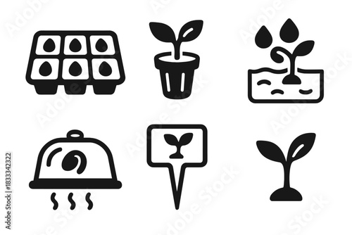 Hydroponics Icon Set. Line style icons of Hydroponics: seed starter tray, labeled plug icon, germination humidity icon, dome