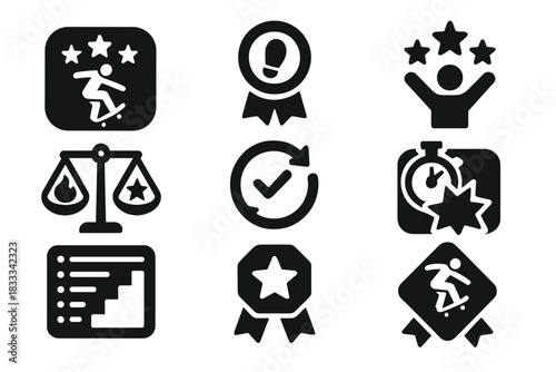 Stunt Scoring Icons. Solid style icons of rule sets and scoring: stunt difficulty panel, precision landing badge, style points