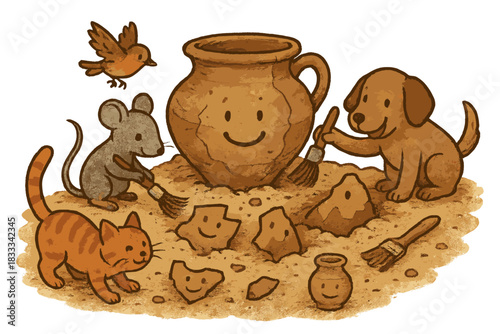 Cheerful Dig Discovery. Archaeological dig with smiling sherds, brushes dusting gently, and animals helping uncover clay treasures