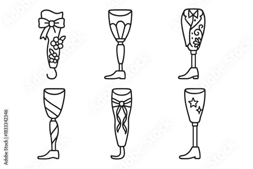 Wedding Prosthetic Icons. Line style icons of prosthetics for special occasions: wedding-themed limb, gold-accented shell, elegant