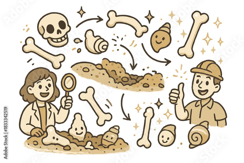Cheerful Fossilization Timeline. Magical doodle taphonomic timeline with cheerful bones and shells, cartoon arrows showing decay