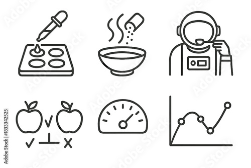 Food Testing Icons. Line style icons of meal testing and development: lab sample tray, food rehydration test, astronaut taste
