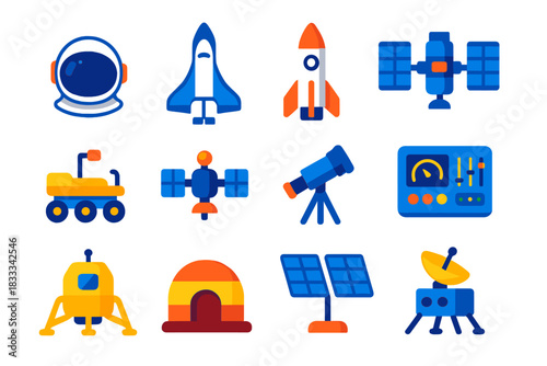 Space Exploration Icons. Flat vector icons of space exploration: astronaut helmet, space shuttle, rocket, space station, rover,
