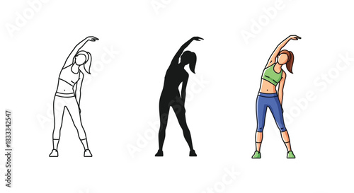 Set of three illustrations showing a woman doing a side bend stretch exercise, including outline, silhouette and full color versions