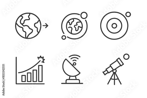Near-Earth Objects Icons. Line style icons of Near-Earth Objects: Earth with approach arrow, close flyby trajectory, orbital path