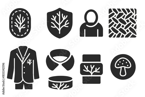 Wearable Mycelium Icons. Solid style icons of wearable mycelium fashion: stitched mycelium icon, growth layer jacket badge, fiber