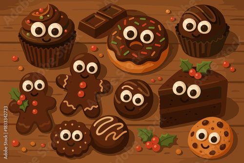 Festive Chocolate Desserts. Playful arrangement of festive vector illustration chocolate desserts decorated with googly eyes on a