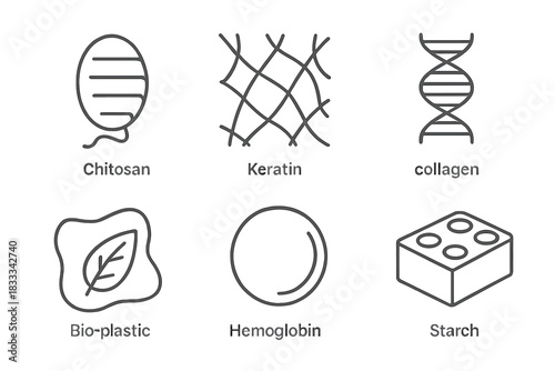 Biomaterials Art Icons. Line style icons of biomaterials in art: chitosan form, keratin mesh, collagen structure, bio-plastic