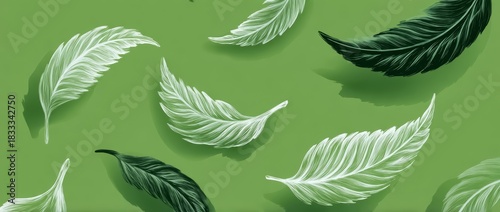 Green background with white and black leaves scattered across it. The leaves are drawn in a stylized way