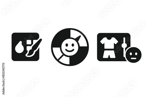 Mood Fashion Icons. Solid style icons of customizable mood fashion: color selector icon, mood wheel badge, interactive outfit