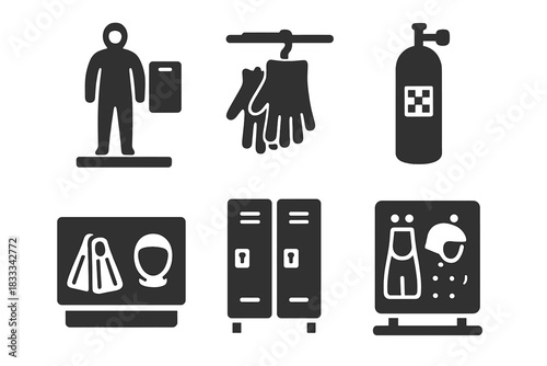Diving Gear Icons. Solid style icons of gear prep and locker setup: diver suit with board, gloves on hook icon, tank with chess