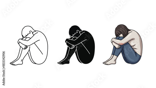 Set of three illustrations showing a person sitting in a fetal position representing sadness, depression, or anxiety