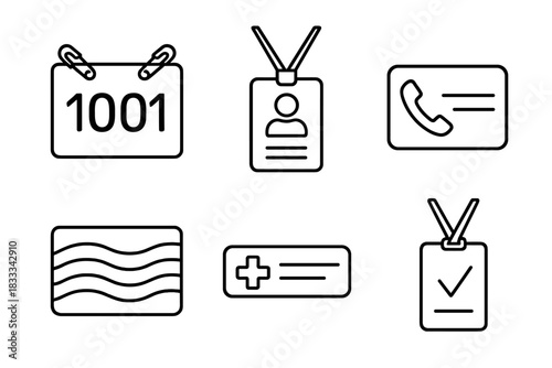 Race Bib Icons. Line style icons of race bib and identification: bib number pin, name tag badge, emergency contact label, colored