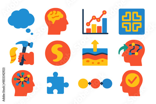 Ancient Thought Icons. Flat vector icons of inferring ancient thought from artifacts: thought bubble, brain silhouette, analytical