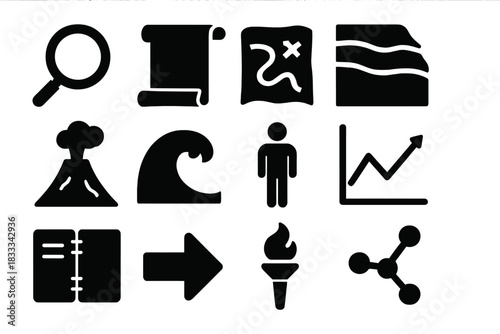 Scientific Myth Iconography. Solid style icons of interpreting myths scientifically: magnifying glass, scroll, map, rock layers,