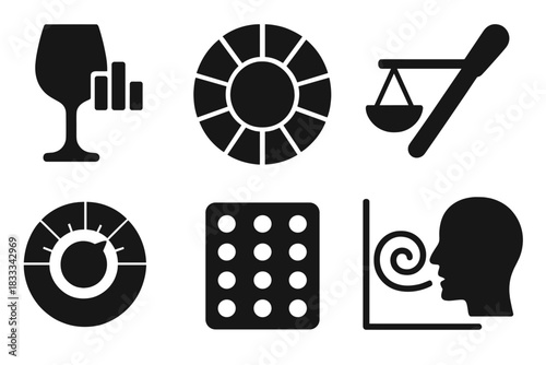 Wine Tasting Icons. Solid style icons of tasting and profiling tools: wine glass with profile bars, tasting wheel icon, flavor
