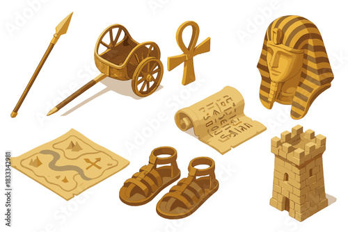 Egyptian Warfare Artifacts. Isometric vector illustration set of Historical warfare: pharaoh’s spear, Egyptian chariot, ankh war