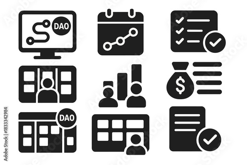 Decentralized Project Icons. Solid style icons of decentralized project management: roadmap screen with DAO stamp, milestone