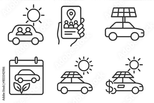 Solar Ride Icons. Line style icons of solar-powered ride-sharing: shared sun vehicle icon, group ride booking app, solar carpool