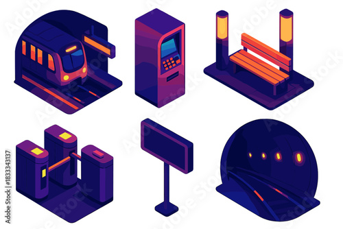 Vivid Urban Nightlife. Isometric vector illustration set Urban nightlife – metro station at night, train arriving, platform sign;