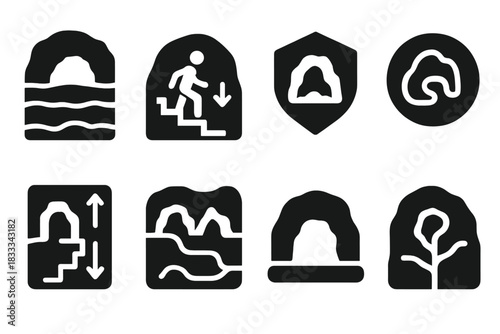 Cave System Icons. Solid style icons of multi-level cave systems: layered tunnel glyph, stair descent icon, zone badge. Path map