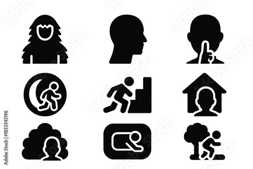 Stealth Icon Set. Solid style icons of stealth and camouflage lessons: ghillie suit glyph, shadow icon, silence badge. Night op