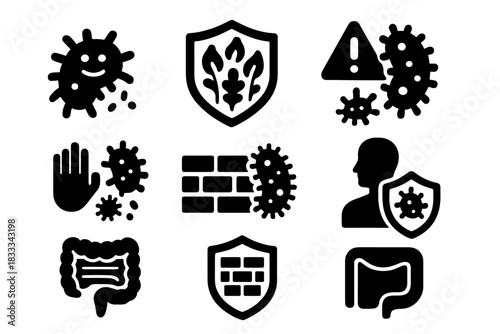 Microbial Resistance Icons. Solid style icons of microbial resistance: resilient bacteria icon, shielded flora, resistant strain