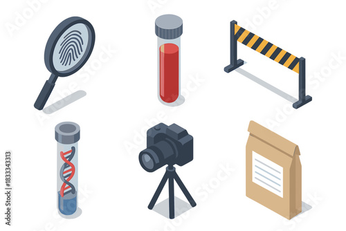 Isometric Forensic Tools. Isometric vector illustration set Forensic science: fingerprint with magnifying glass, blood sample in
