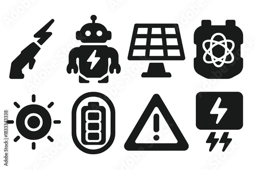 Futuristic Energy Icons. Solid style icons of futuristic energy types: plasma lance icon, lightning-powered bot badge, solar panel