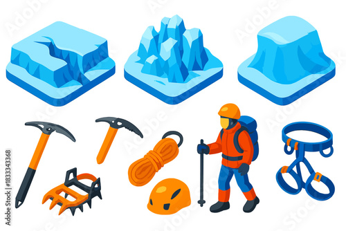 Mountain Climbing Icons. Isometric vector illustration set Mountain landscapes – glacier crevasse, icefall seracs, blue ice; ice