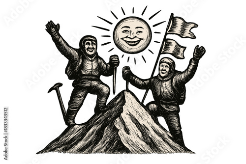 Jubilant Climbers' Triumph. Historic first ascent moment with jubilant climbers on a peak, fluttering flags, and smiling sun above
