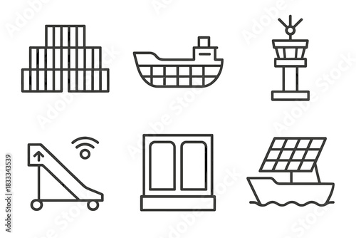Cargo Ship Icons. Line style icons of cargo ship infrastructure: stacked containers layout, ship hull blueprint, control tower