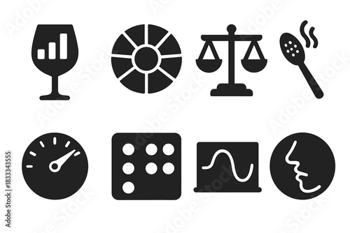 Wine Tasting Icons. Solid style icons of tasting and profiling tools: wine glass with profile bars, tasting wheel icon, flavor