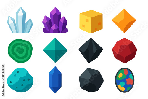Colorful Mineral Icons. Flat vector icons of Collectible Minerals: quartz crystal, amethyst cluster, pyrite cube, calcite
