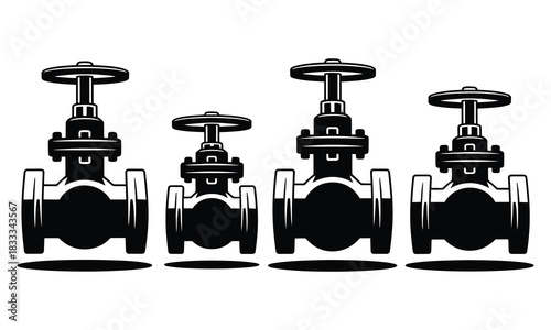 Four Black Industrial Valves in a Row plumbing pipe