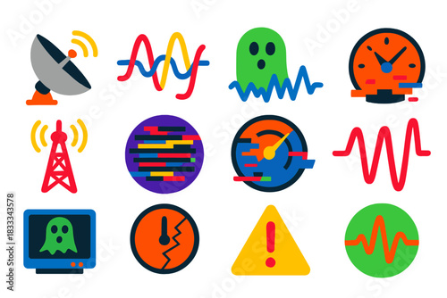 Signal Interference Icons. Flat vector icons of Signal Terror: radio dish, scrambled frequency, ghostly waveform, corrupted dial,