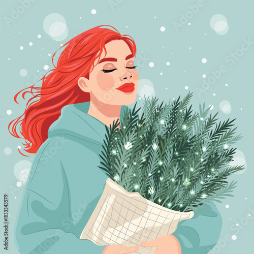 Vector illustration of a red haired woman in teal hoodie enjoying the scent of a glowing evergreen bouquet in falling snow, ideal for winter holiday cards, social media posts, posters, branding.