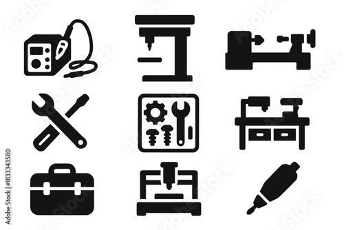 Maker Tools Icons. Solid style icons of maker tools and hardware: mini soldering station, tabletop drill icon, hand-sized lathe.